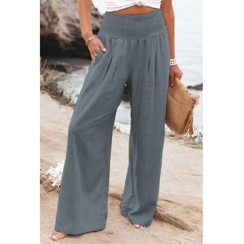 Women's Summer Wide-Leg Cotton-Linen Blend Pants Casual Loose Long Trousers