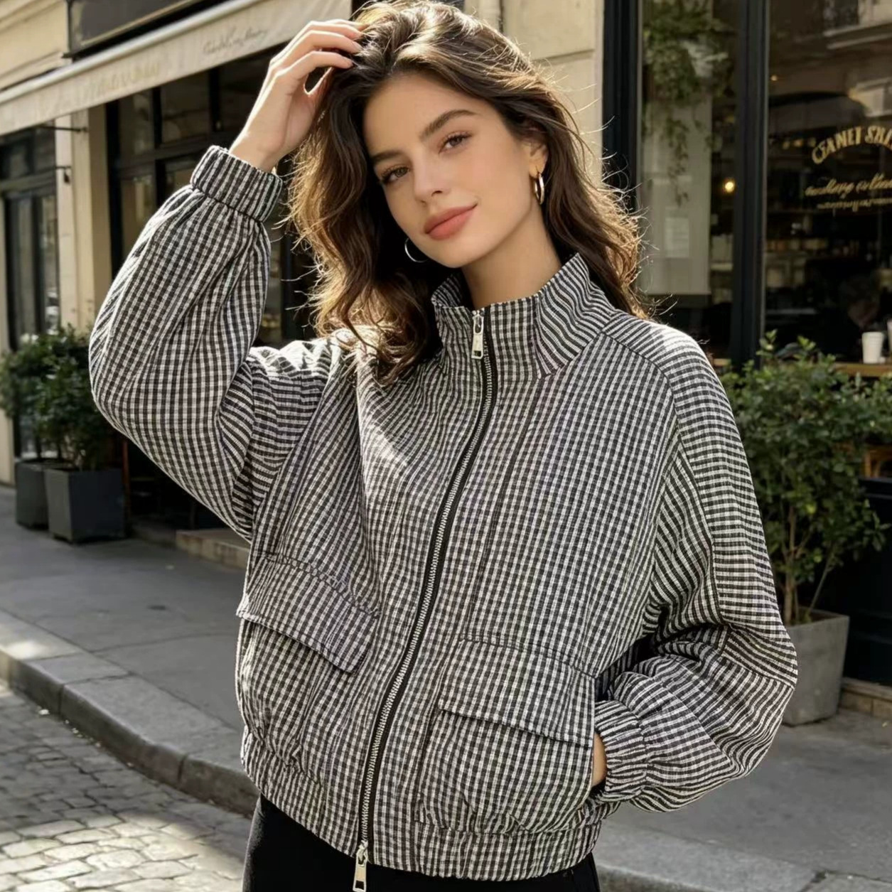 Women's Loose Fit Zip-Up Jacket with Stand Collar and Black & White Plaid