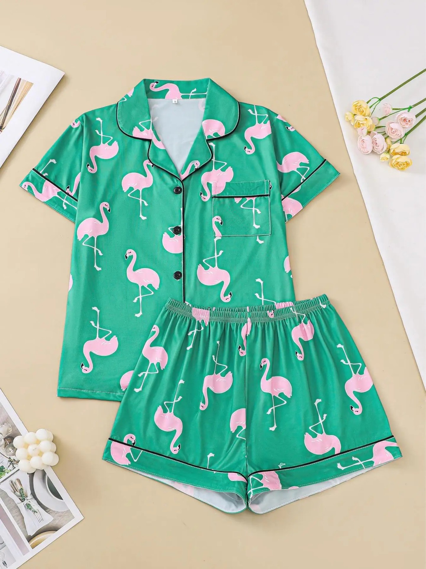 Women's Flamingo Print Collared Shirt Set Casual Loungewear