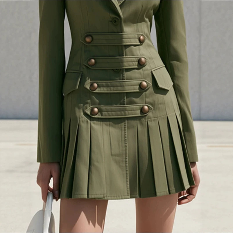 Elegant Vintage Army Green Pleated Mini Dress with Long Sleeves