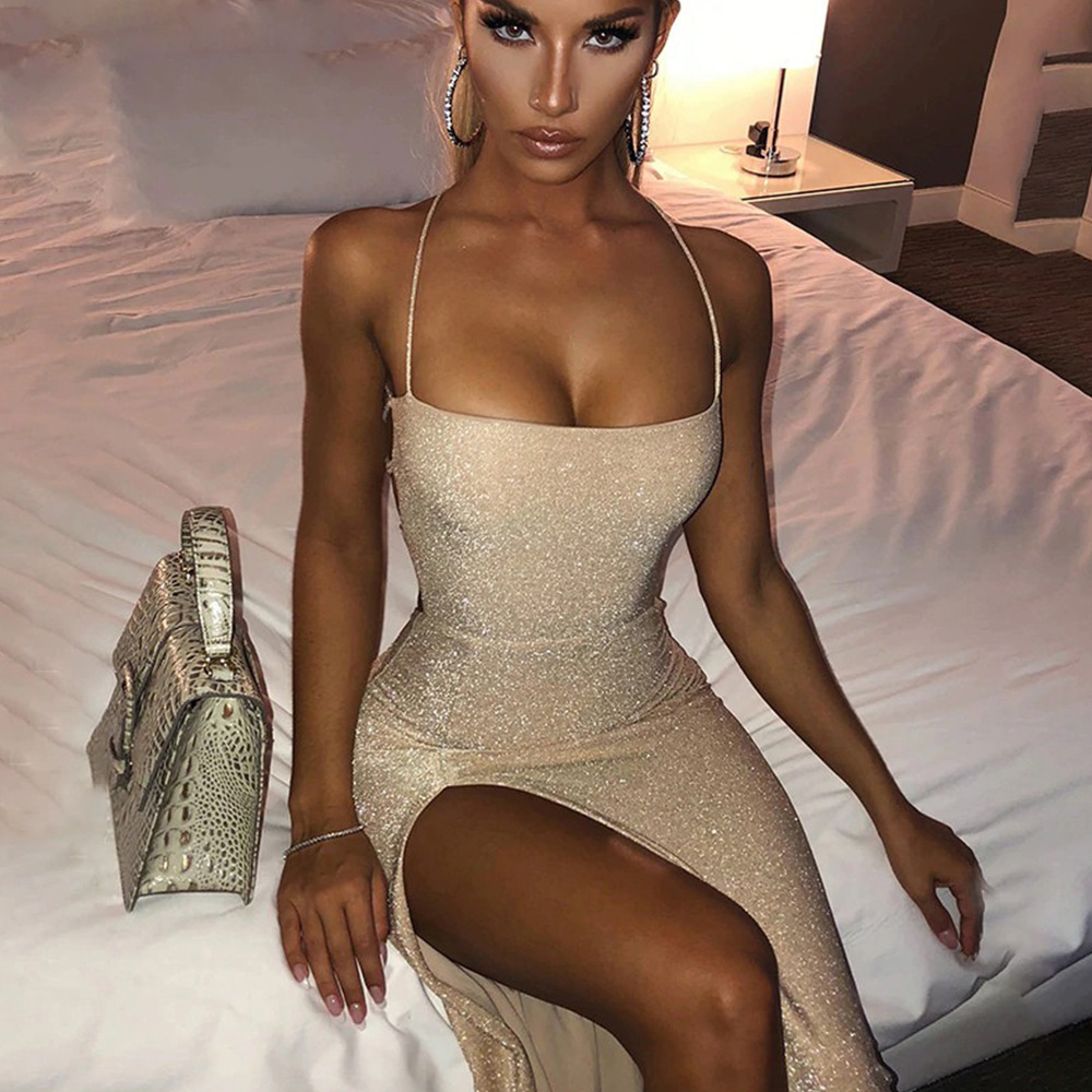 Sexy Square Neck Open Back Solid Bodycon Dress with Metallic Thread Slit