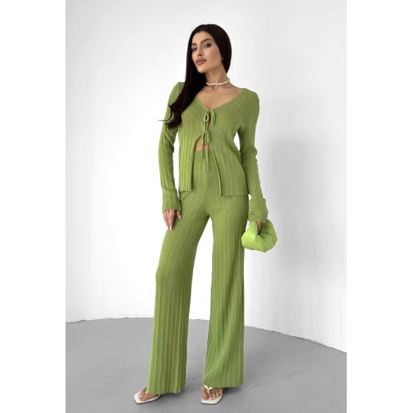 Women's Long Sleeve Tie-Front Cardigan and Pants Set