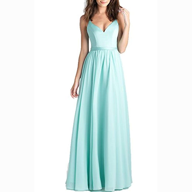 Chiffon V-Neck Long Bridesmaid Dress with Spaghetti Straps