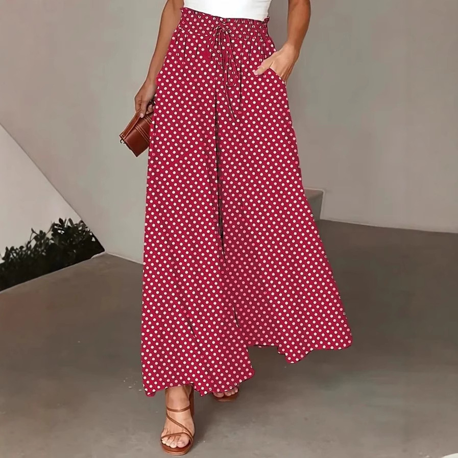 Bohemian Wide-Leg Tie-Waist Polka Dot Print Pants
