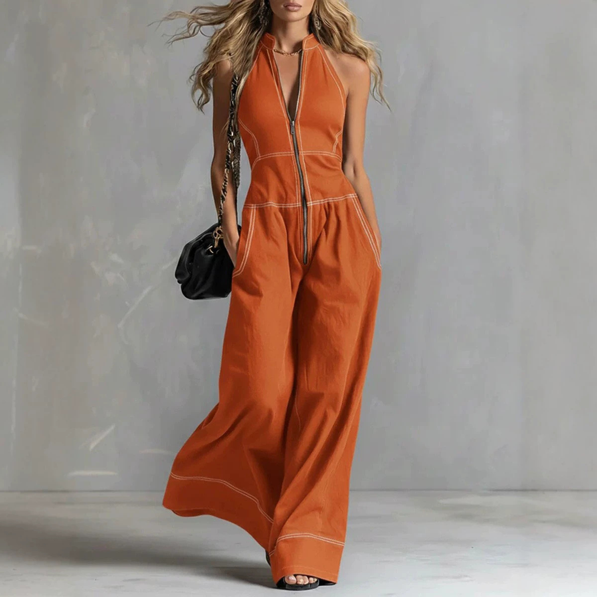 Women's Sleeveless Stand Collar Wide-Leg Jumpsuit