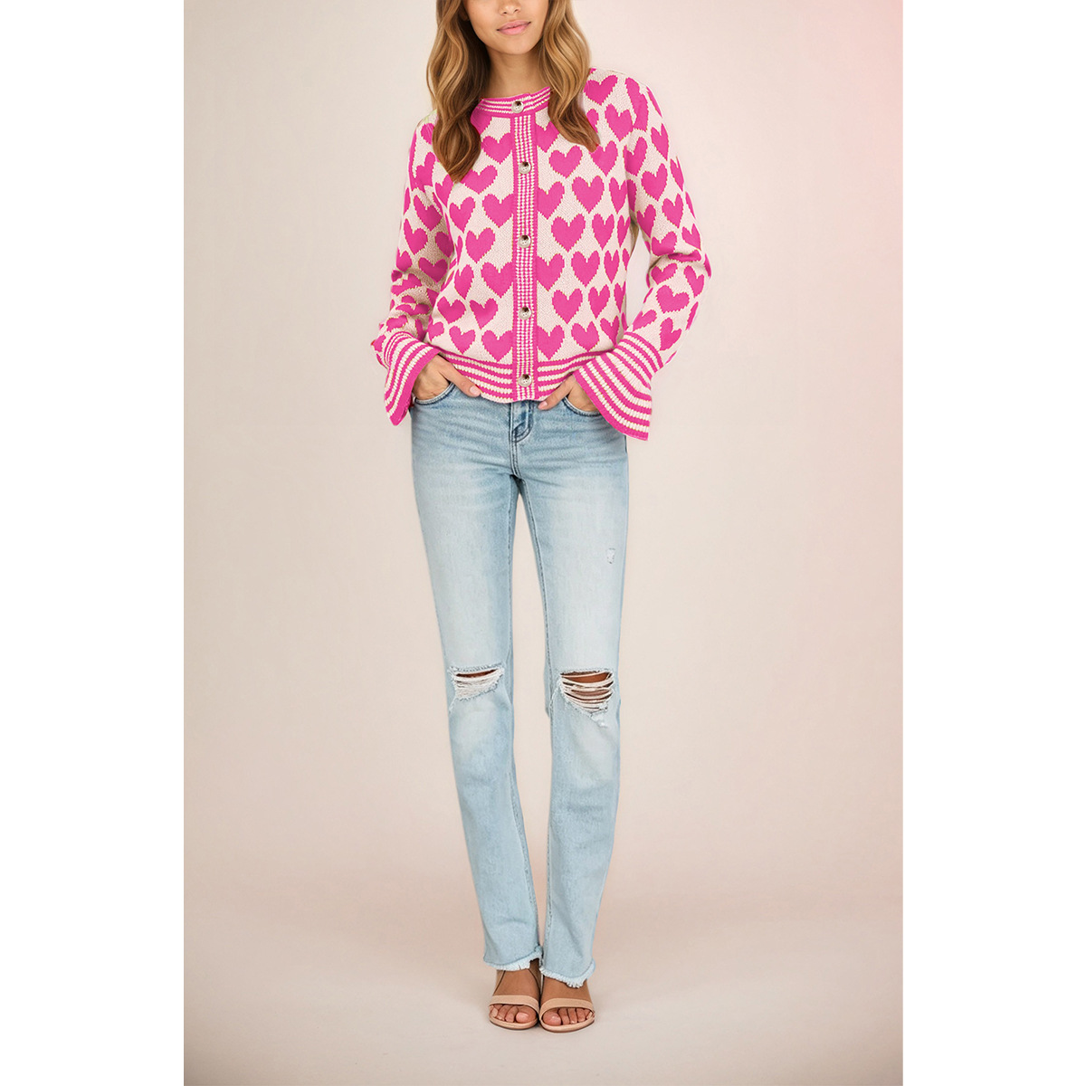 Heart Pattern Knit Cardigan Sweater Crew Neck Colorblock