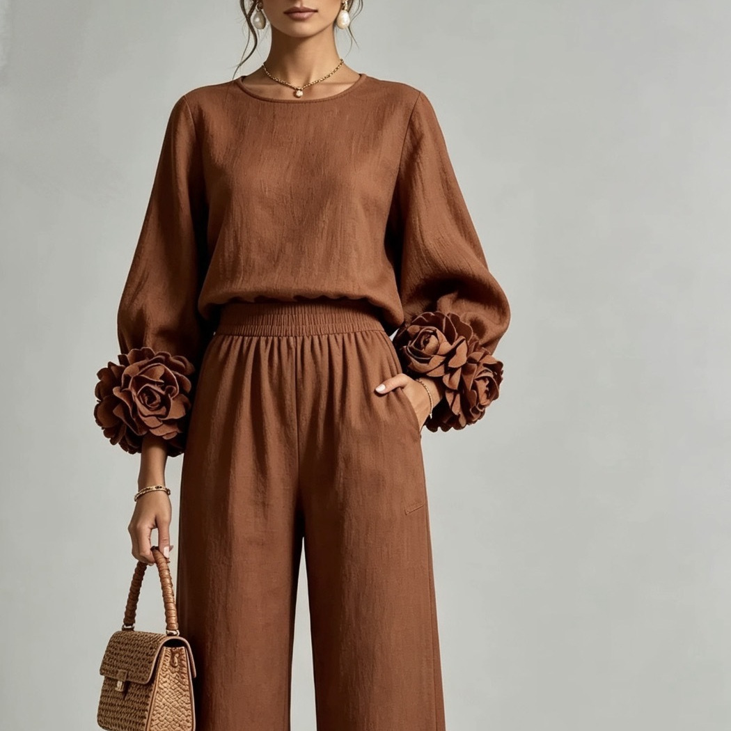 Floral Cuff Top and Wide-Leg Pants Two-Piece Set