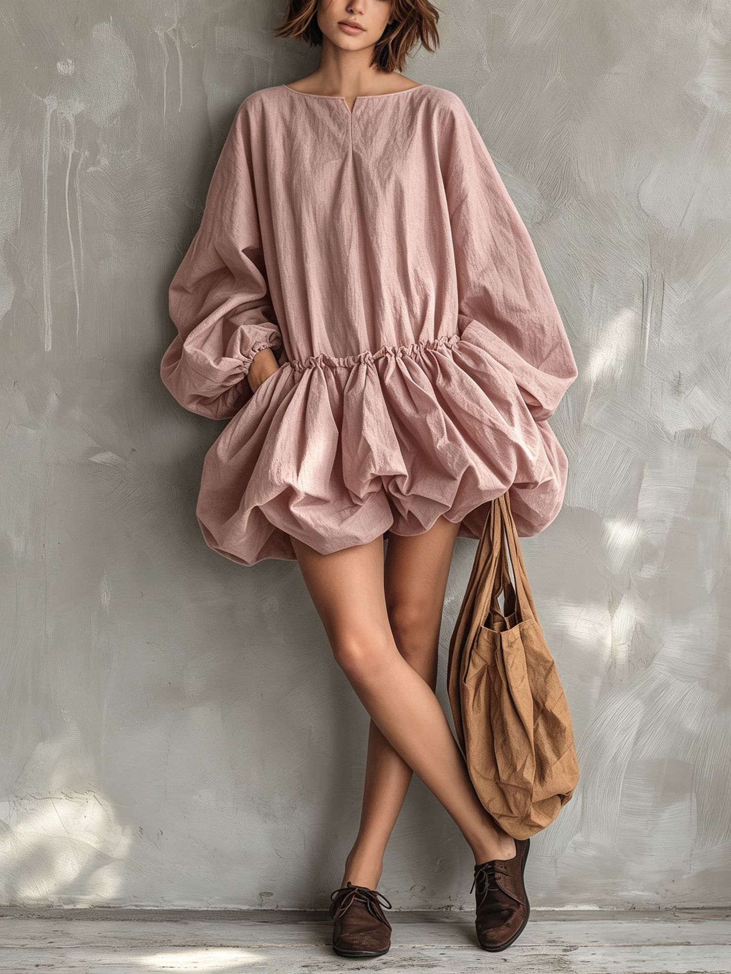 Solid Crewneck Puff Sleeve Long Sleeve Cinched Waist Bubble Dress