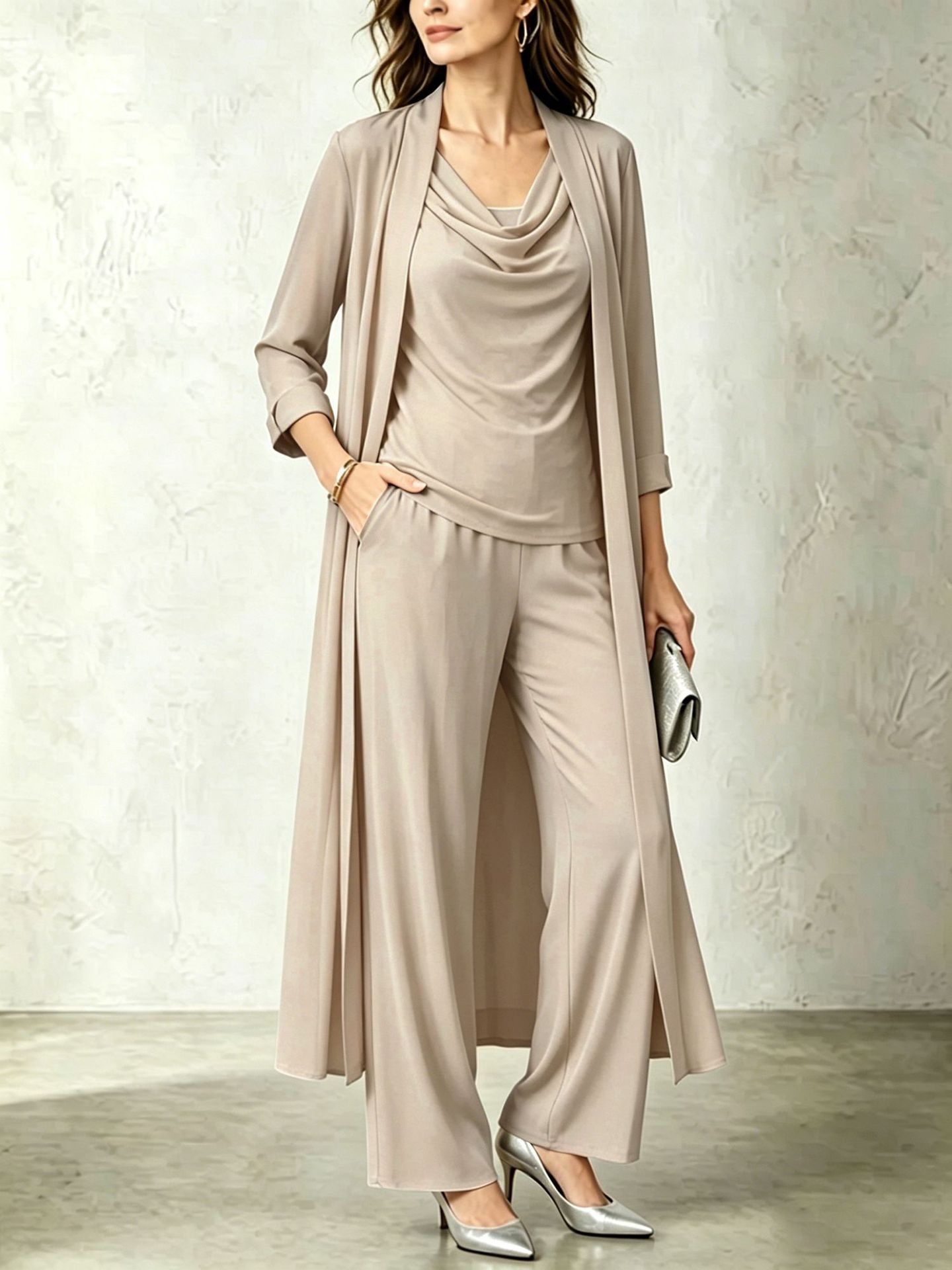 Minimalist Long Sleeve Draped Neck Cardigan and Pants Three-Piece Set