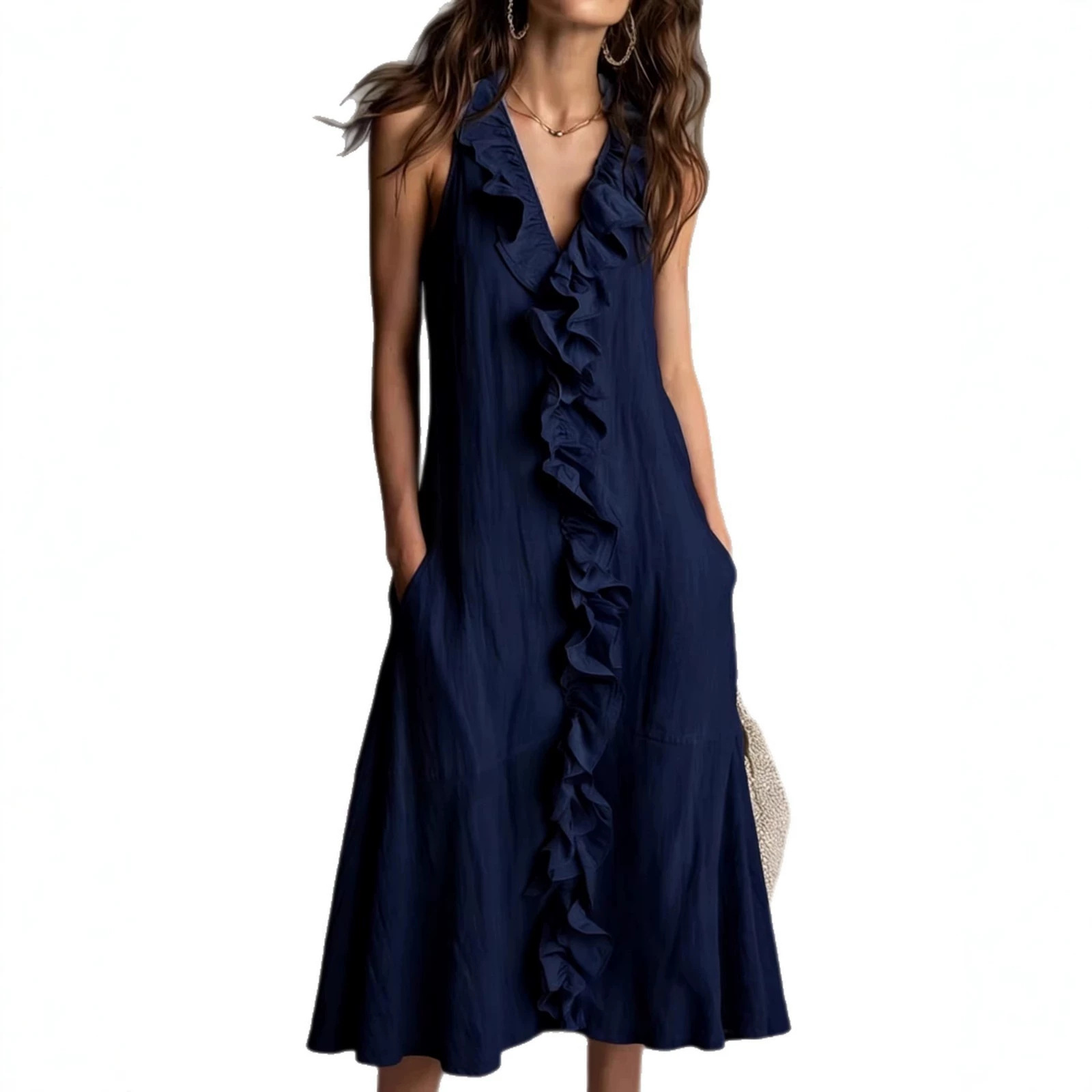 Women's Sleeveless V-Neck Ruffle Hem Maxi Dress Solid Color