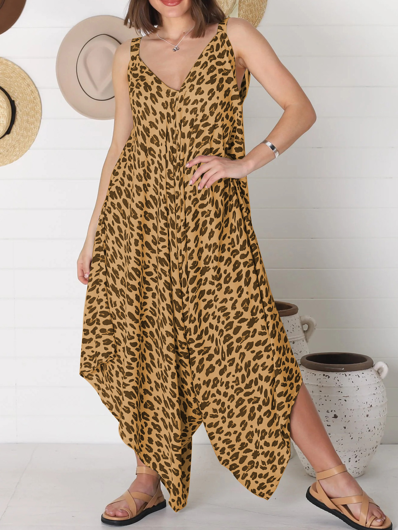 Women's Leopard Print Sleeveless Wide-Leg Jumpsuit