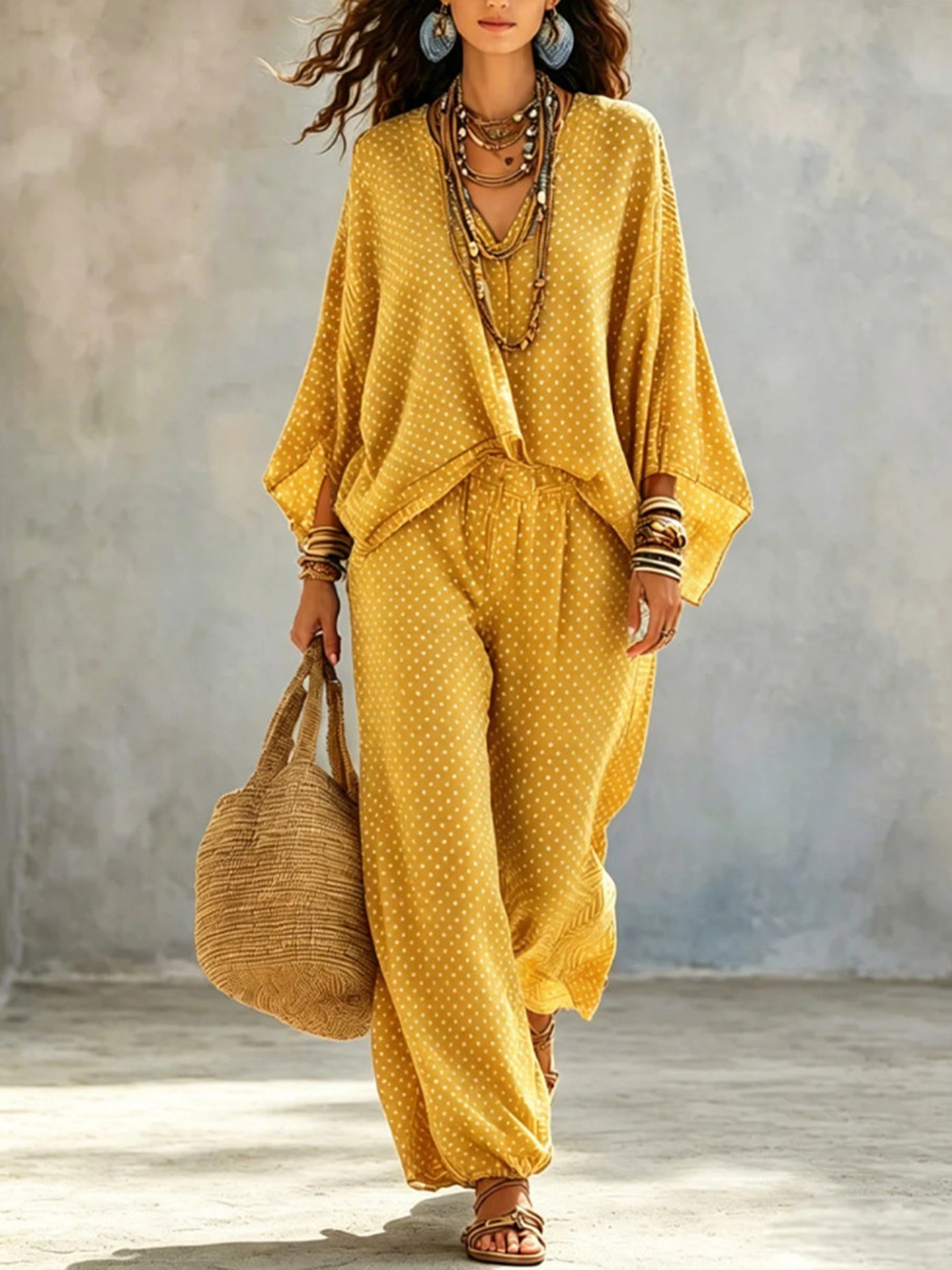 Women's Vintage Print Batwing Sleeve Top and Jogger Pants Set