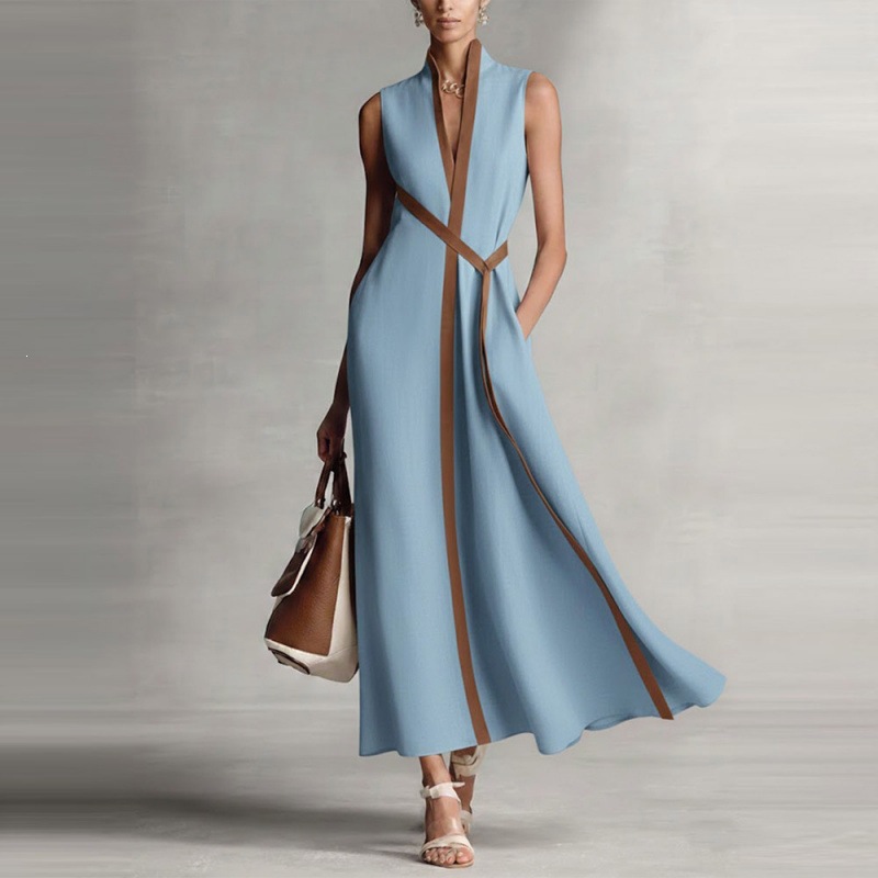 Stand Collar Sleeveless Colorblock Loose Casual Dress