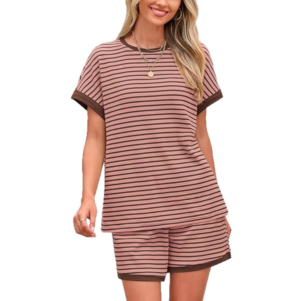 Women's Striped Crewneck Top and Shorts Casual Two-Piece Set