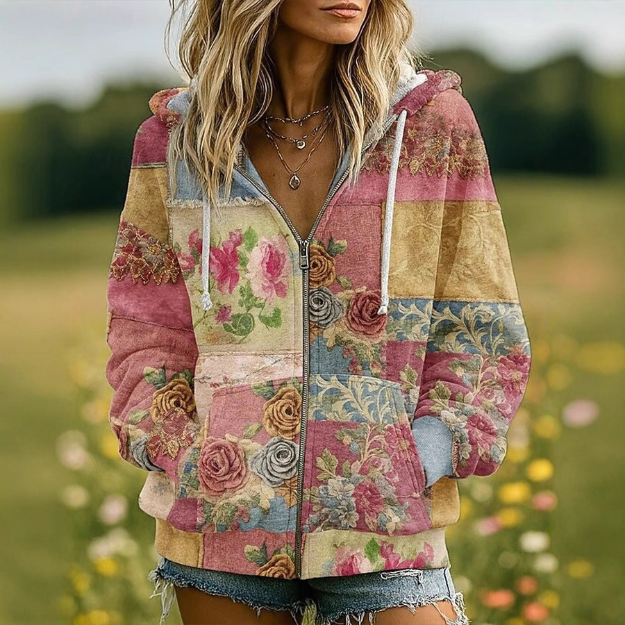 Women's Floral Pumpkin Print Zip-Up Hoodie