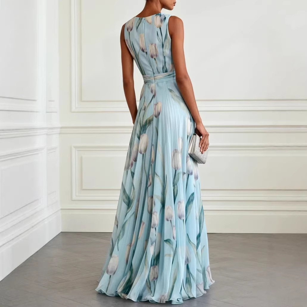 Blue Tulip Print Sleeveless V-Neck Chiffon Maxi Dress