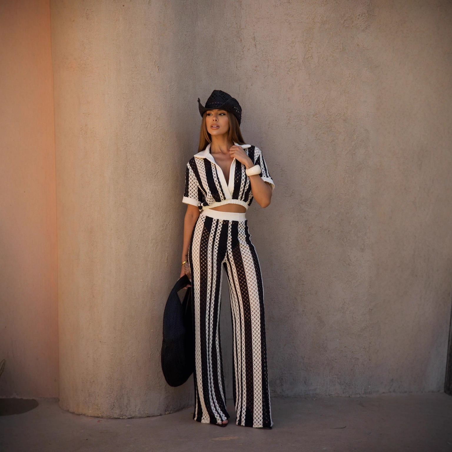 V-Neck Cutout Striped Wide-Leg Pants Set Women