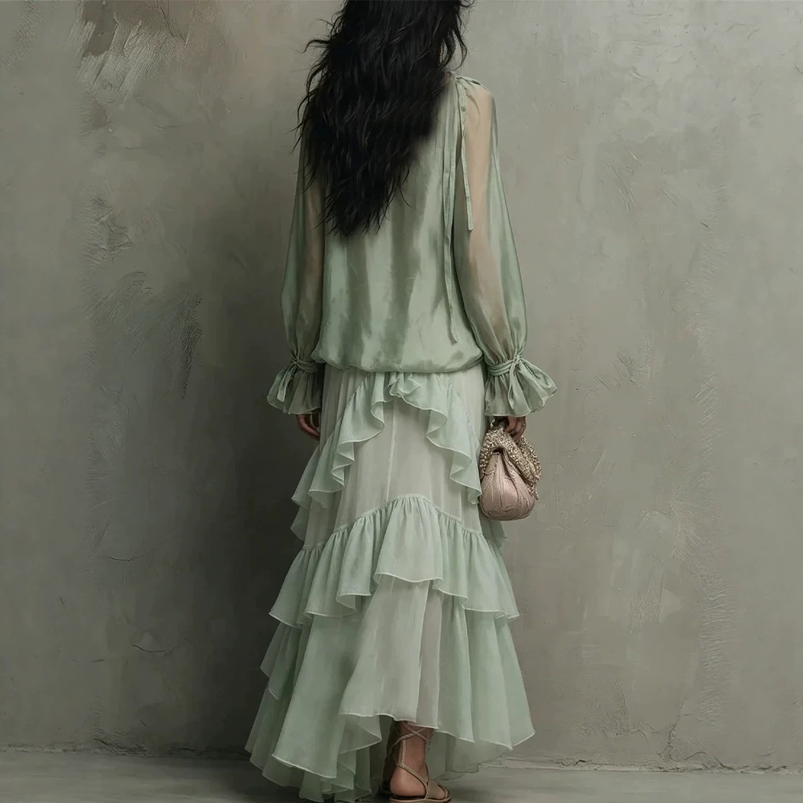 Bohemian Mint Green Chiffon Sun Protection Cardigan Cami Layered Ruffle Maxi Dress Set