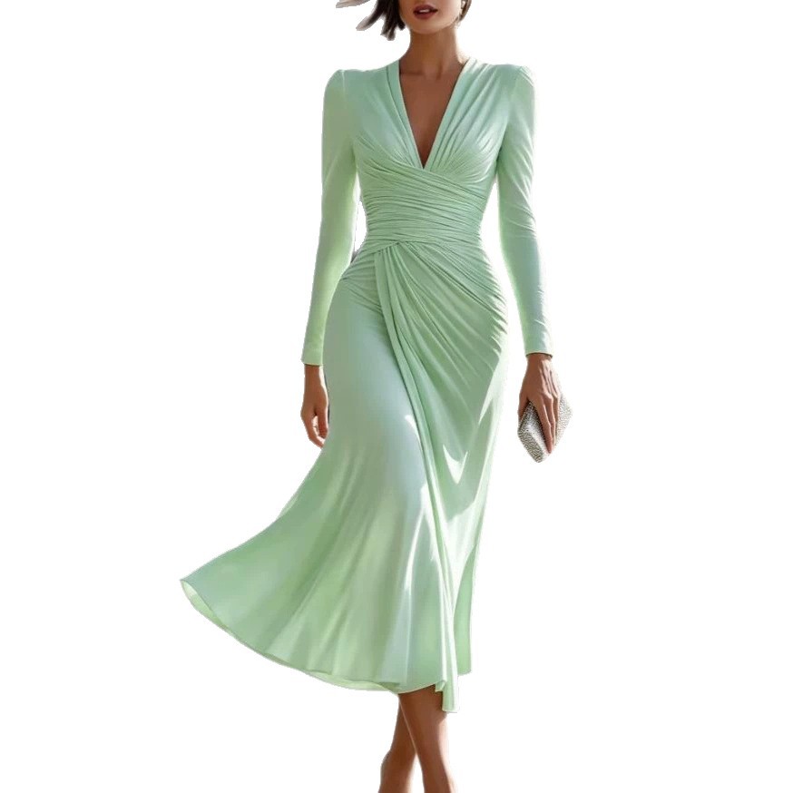 Solid V-Neck Long-Sleeve Slim Fit Midi Dress