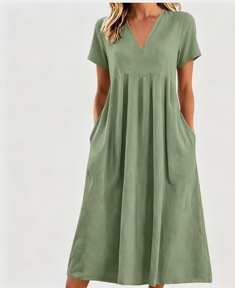 Solid V-Neck Short Sleeve Loose Casual Dress