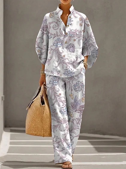 Women's Polka Dot Floral Print Long Sleeve Button-Up Top Set