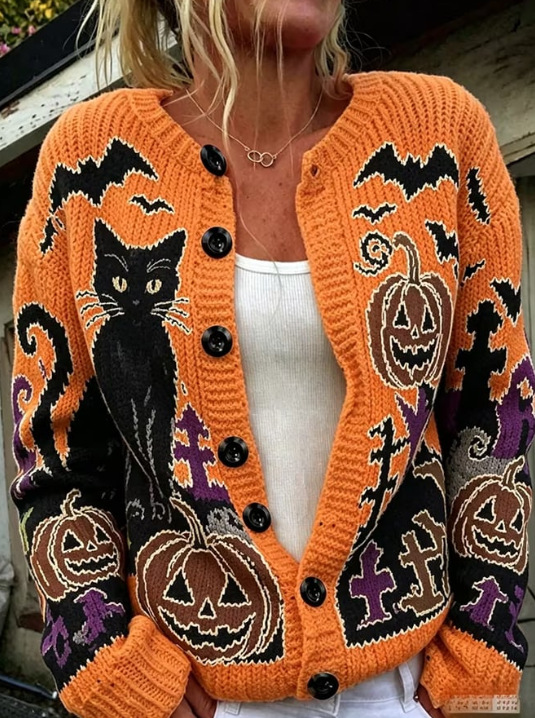 Halloween Cat Pumpkin Castle Bat Print Women's Cardigan