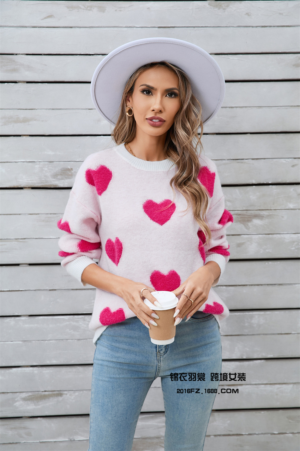 Plus Size Heart Knit Sweater Long Sleeve Pullover