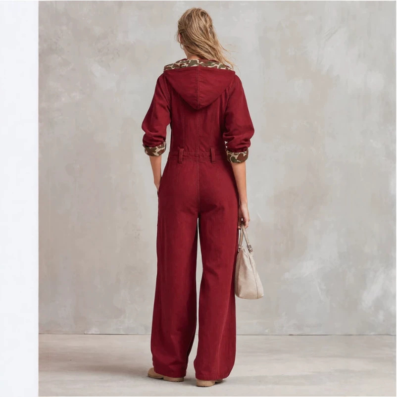 Camouflage Hooded Zip-Front Denim Jumpsuit