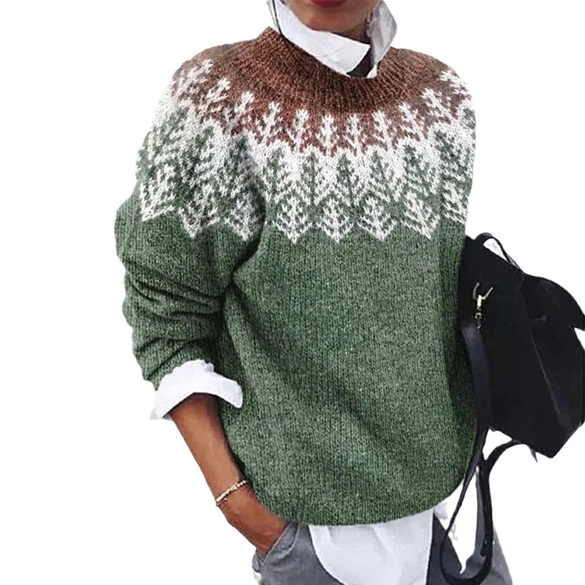 Women's Printed Crewneck Soft Knit Sweater Casual Cardigan