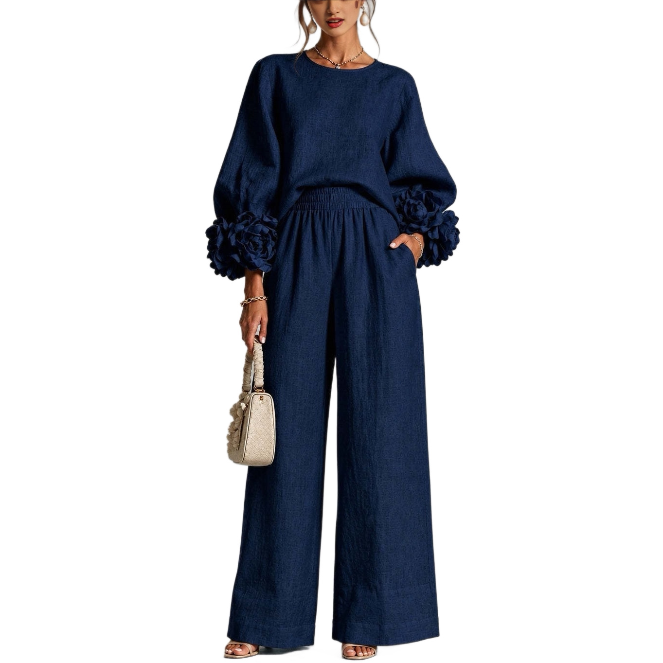 Women's Two-Piece Long Sleeve Floral Cuff Wide-Leg Pants Set Casual Commuter