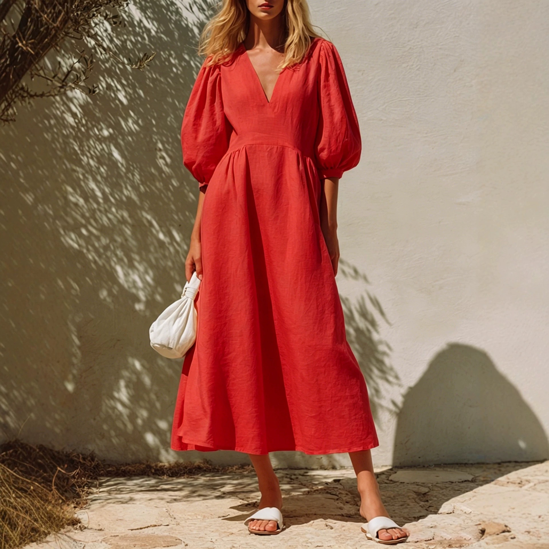 Linen V-Neck Bubble Sleeve A-Line Midi Dress