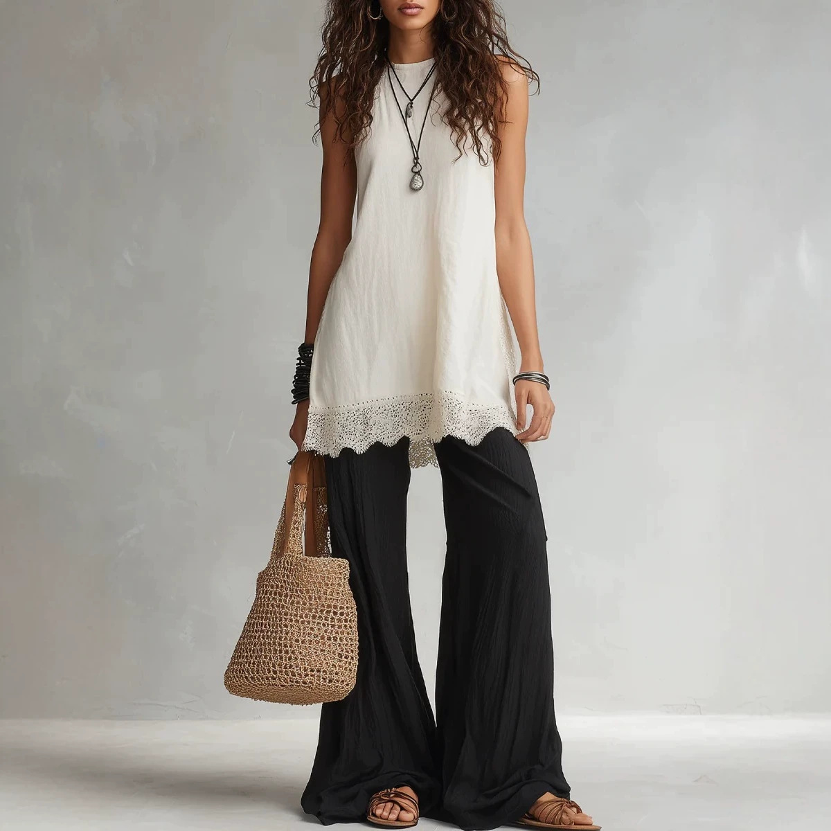 Women's Solid Crewneck Sleeveless Scallop Hem Shirt Set
