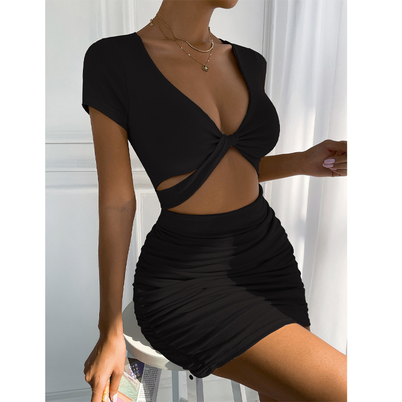Women's V-Neck Cutout Bodycon Mini Dress Short Sleeve
