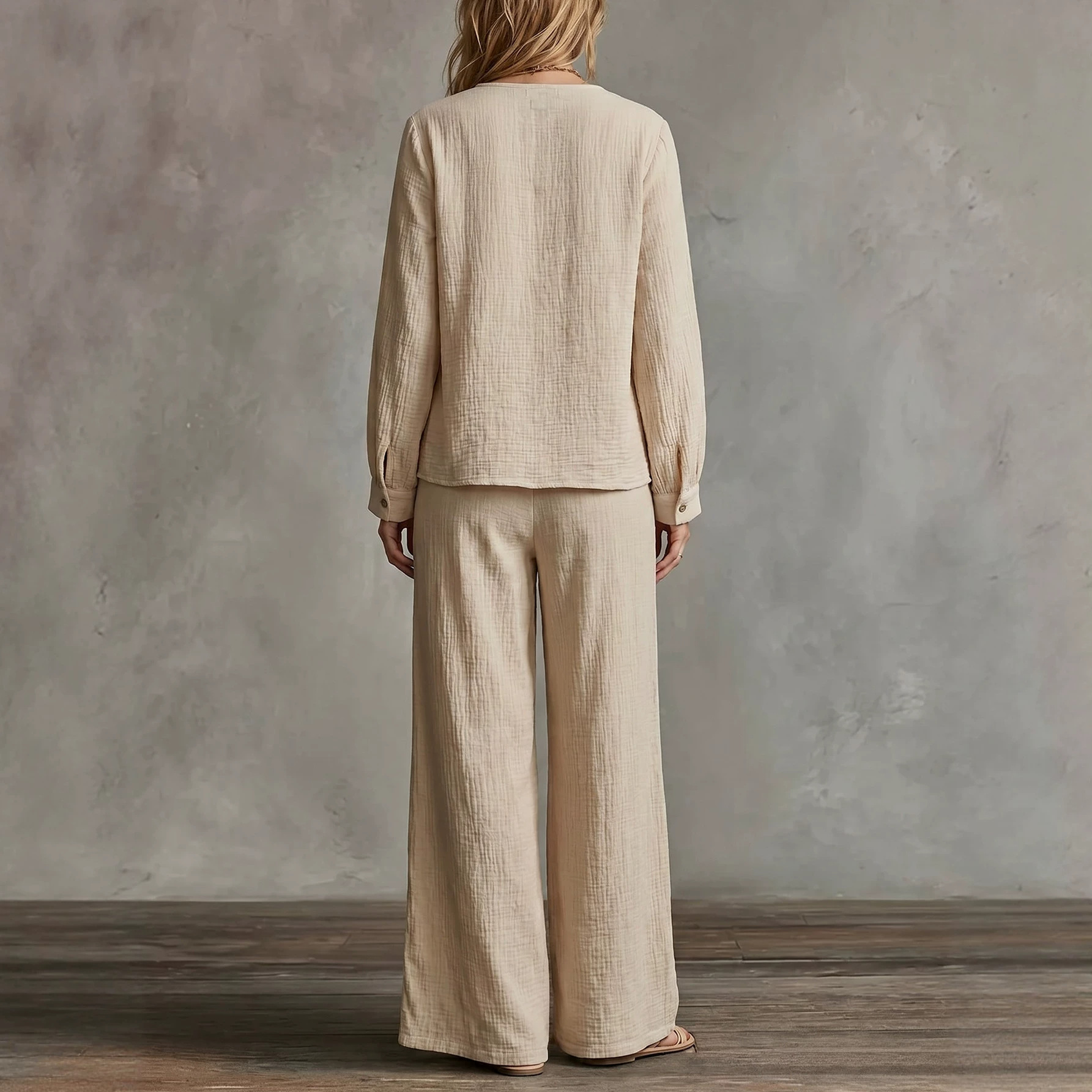 Women's Casual Two-Piece Set: Round Neck Long Sleeve Shirt & High Waist Pleated Straight Pants