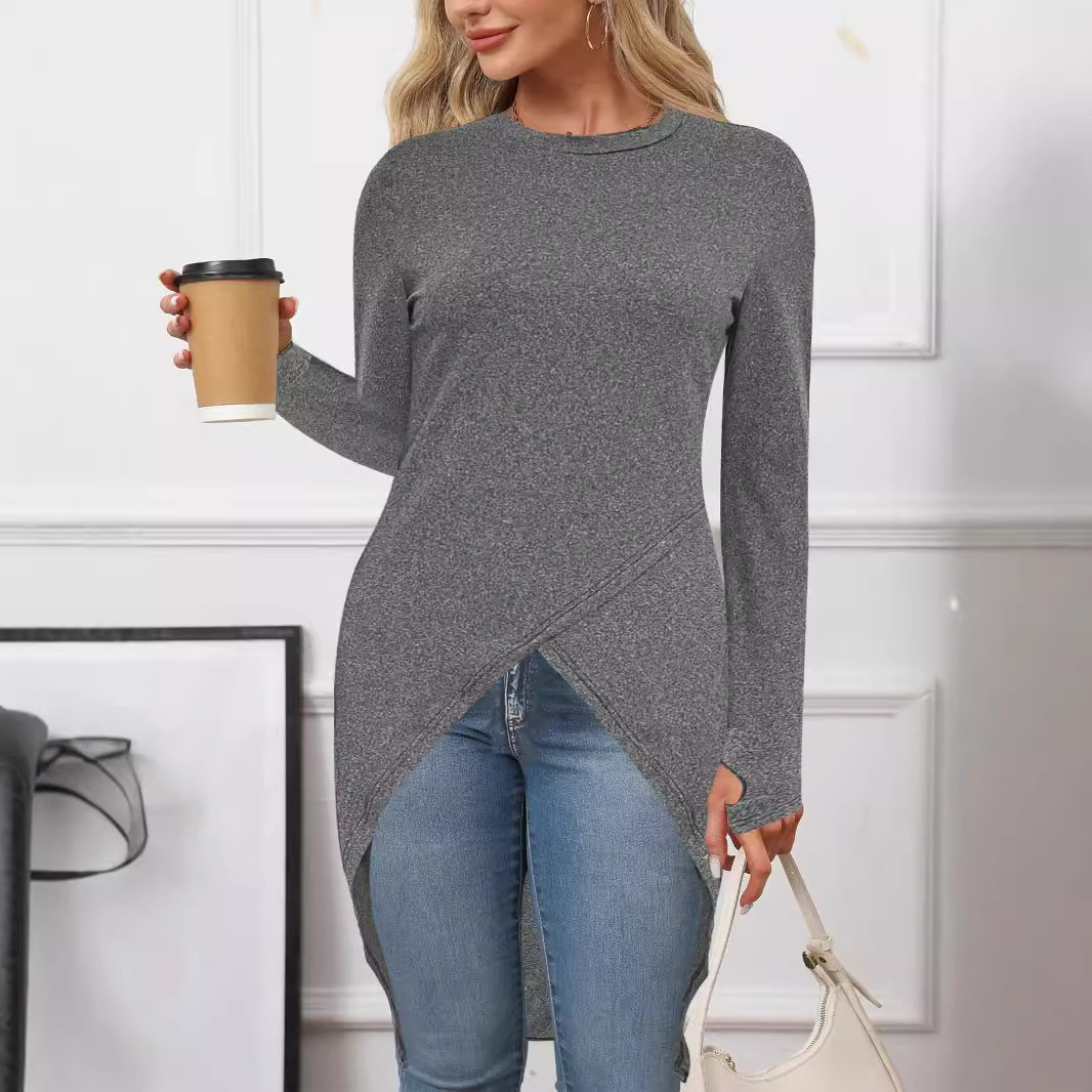 Solid Crewneck Long Sleeve Slit Midi Dress
