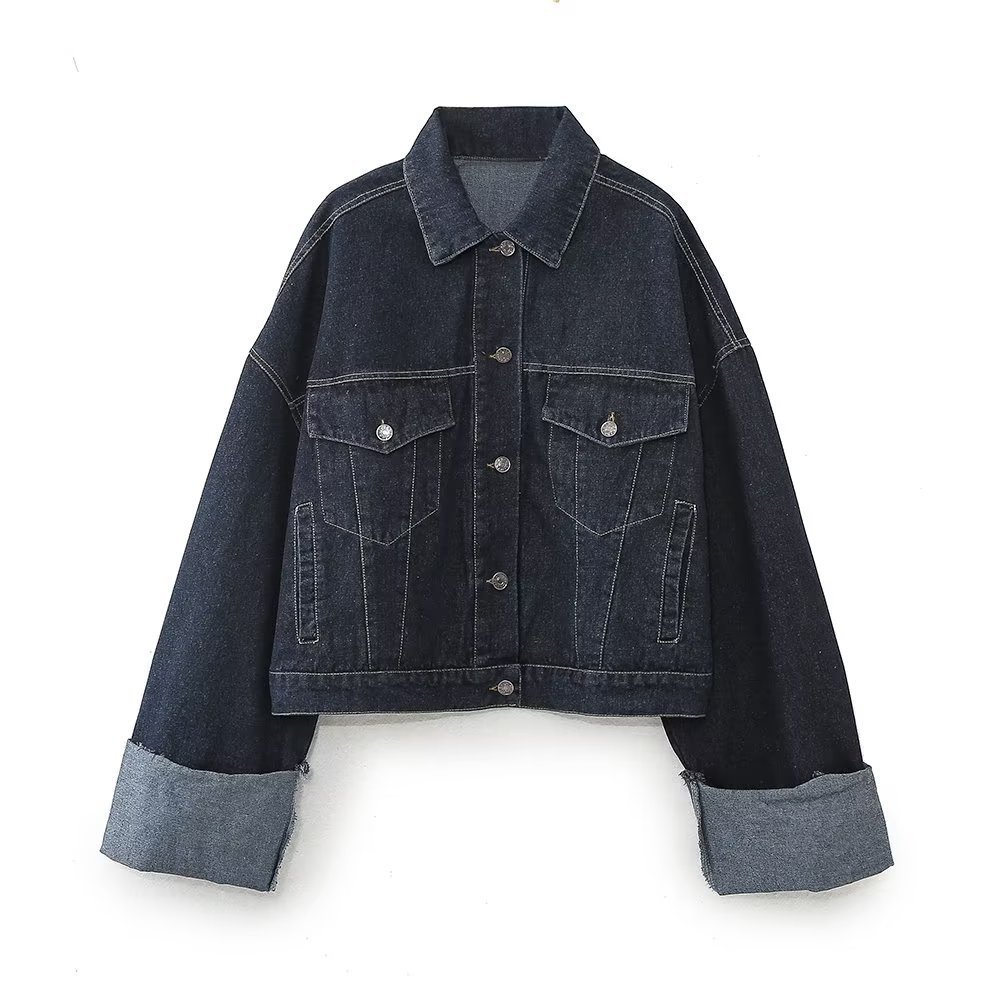 Women's Lapel Denim Jacket with Rolled Flared Sleeves