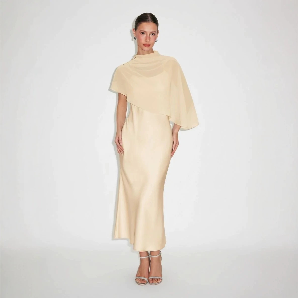 Light Luxury Cape-Style Chiffon Midi Dress Slimming Sleeveless