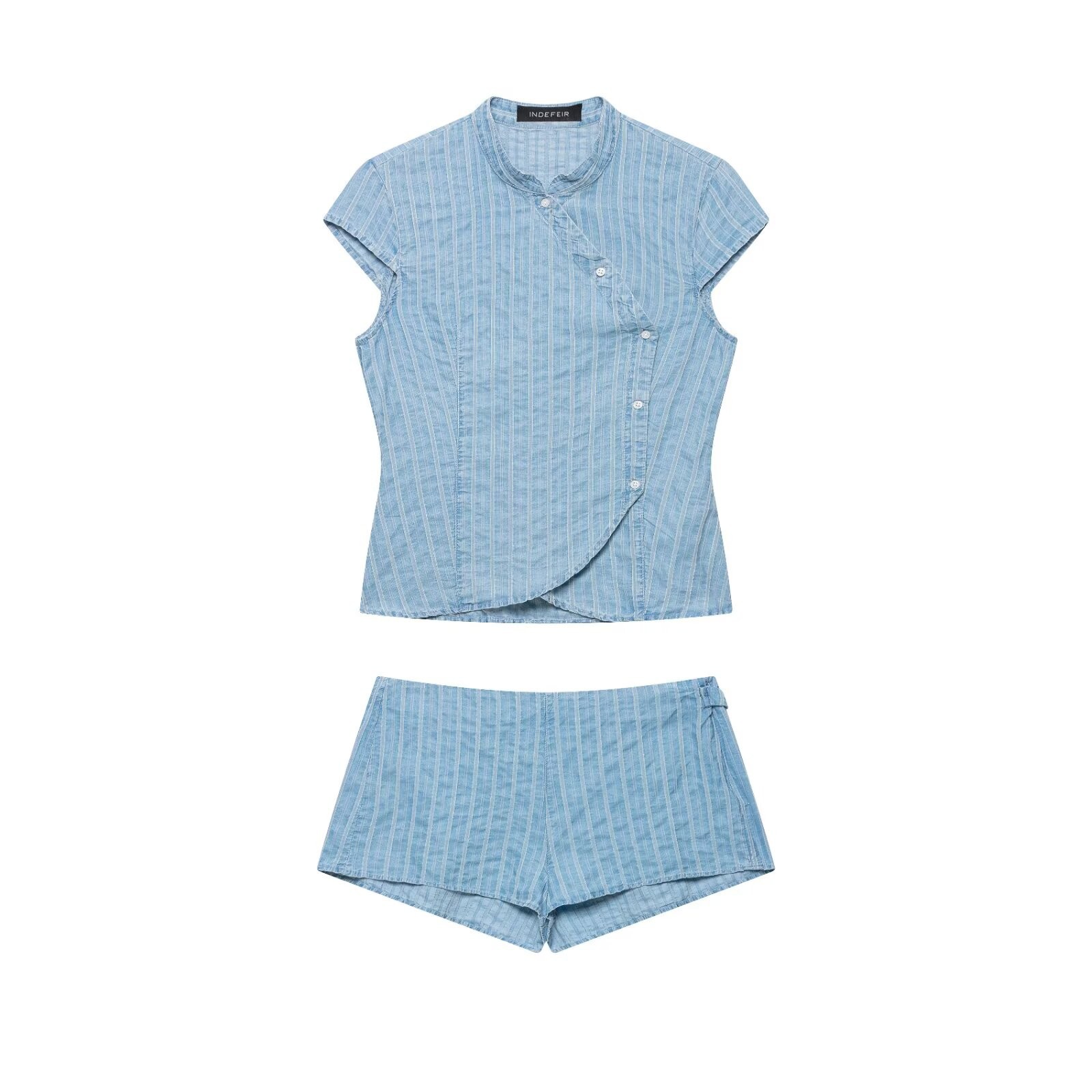 Women's Double-Breasted Shirt and Shorts Set