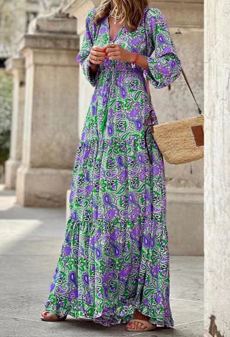 Women's V-Neck Long Sleeve Bohemian Maxi Dress