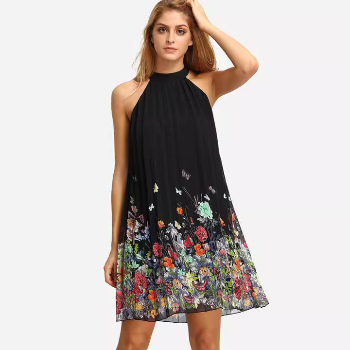 Women's Sleeveless Halter Neck Pleated Floral Print Loose Dress