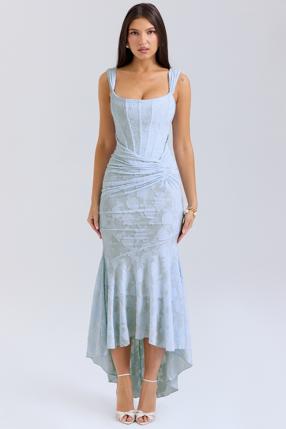 Square-Neck Sleeveless Jacquard Mermaid Maxi Dress with High Waist