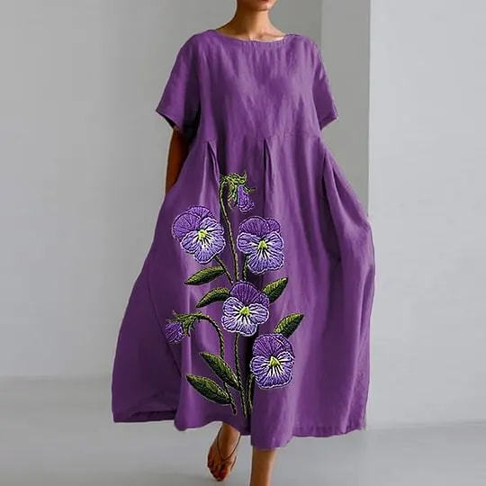 Women's Loose Round Neck Floral Print Midi Dress
