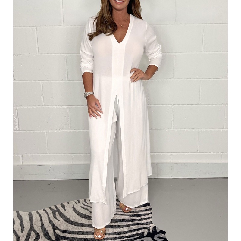 Solid Color Split Long Sleeve Top and Pants Set