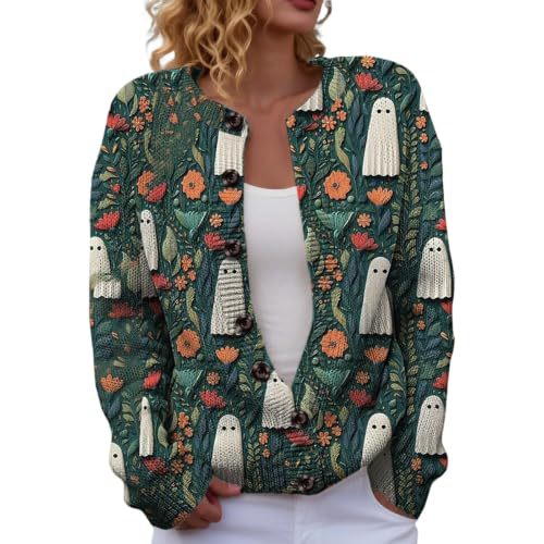 Halloween Pumpkin Castle Print Faux Knit Cardigan for Women