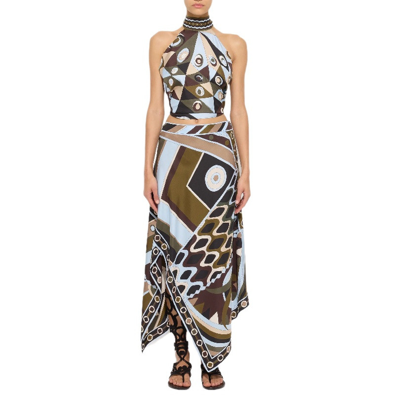 Women's Summer Printed Halter Two-Piece Set with Irregular Midi Skirt