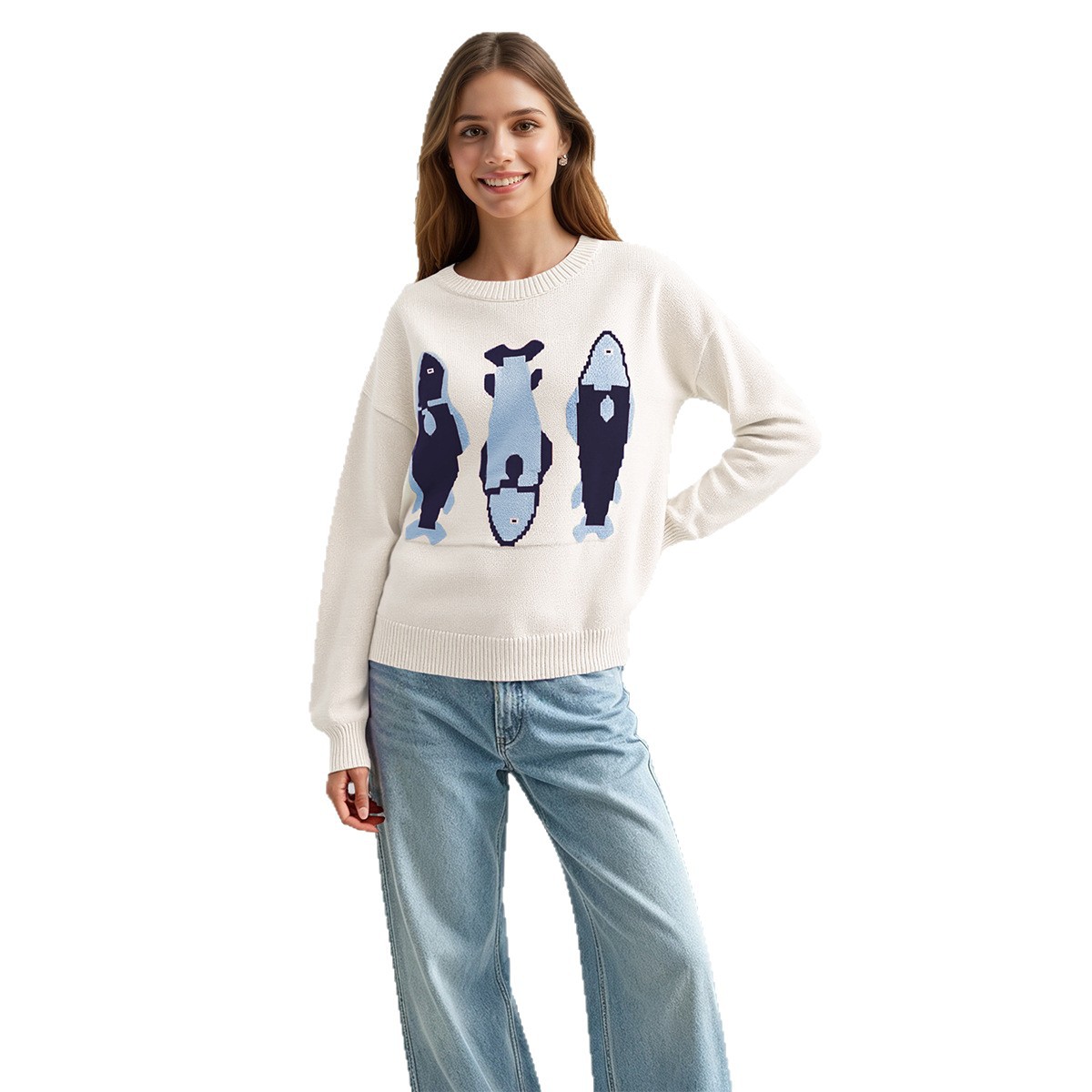 Women's Loose Crewneck Jacquard Knit Sweater