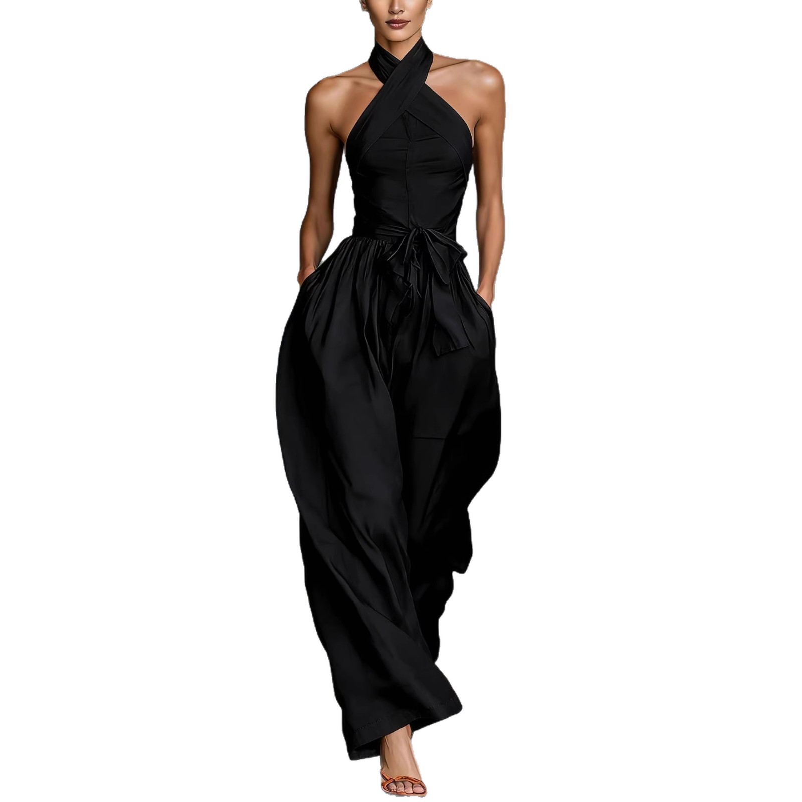 Women's Elegant One-Shoulder Wide-Leg Jumpsuit with Waist Bow