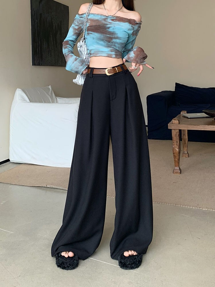High-Waist Wide-Leg Tailored Pants for Women, Black Casual