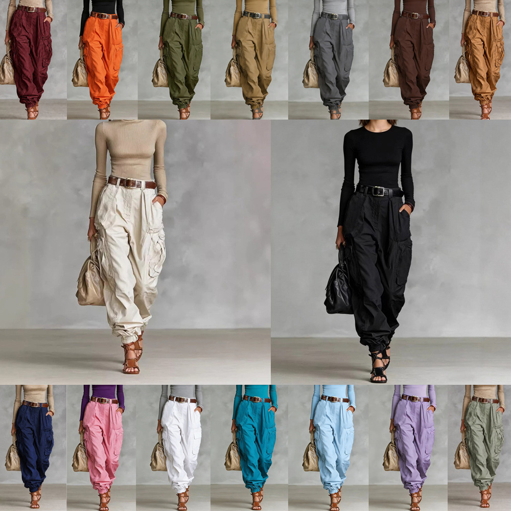 High-Waisted Wide-Leg Cargo Pants for Women, Loose Streetwear, Non-Stretch