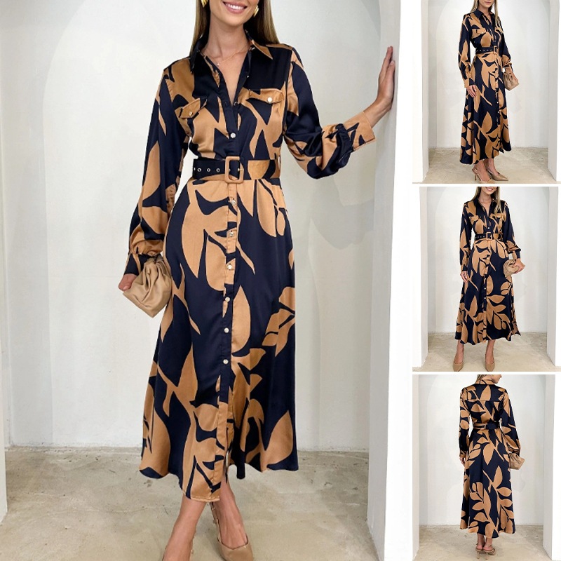 Floral Print V-Neck Long Sleeve Cinched Waist Retro Dress